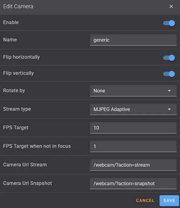 Screenshot of the fluidd interface showing the camera settings page