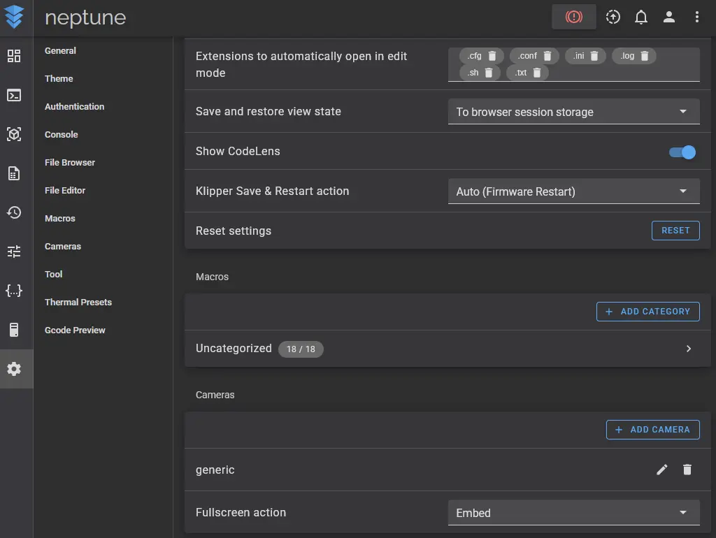 Screenshot of the fluidd interface showing the settings page