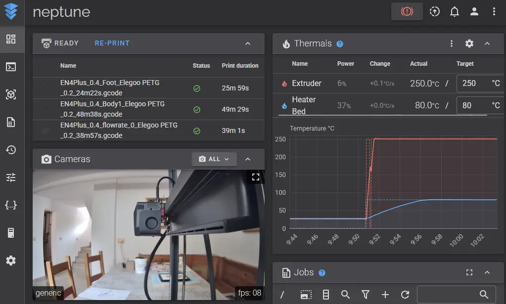 Screenshot of the fluidd interface showing the webcam widget