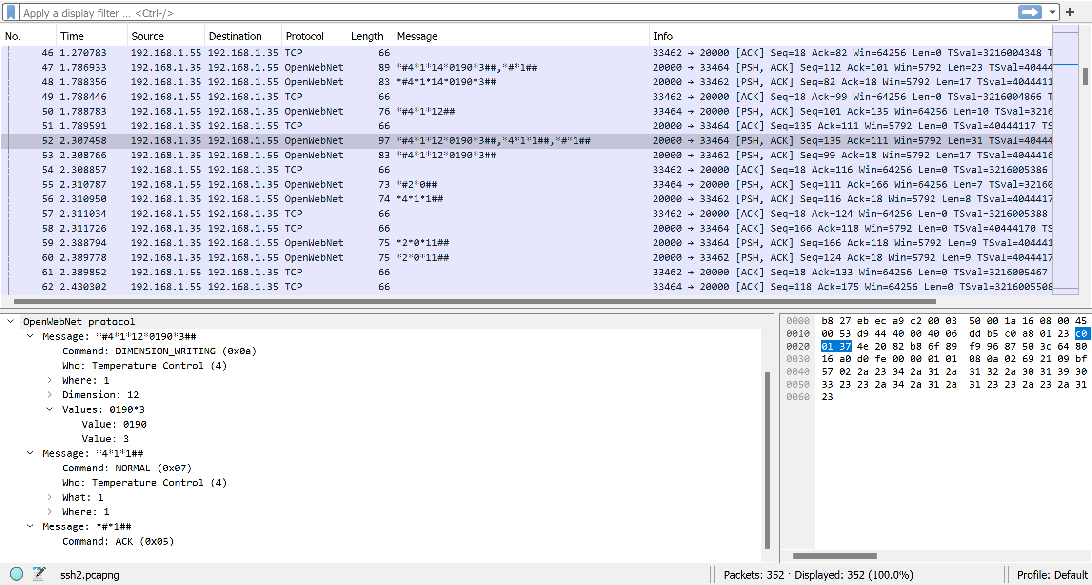 Wireshark decoding OpenWebNet traffic with the dissector